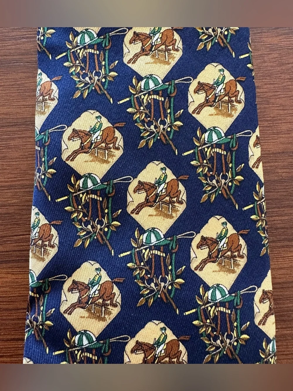 Salvatore Ferragamo Navy, Yellow & Brown Equestrian Silk Tie